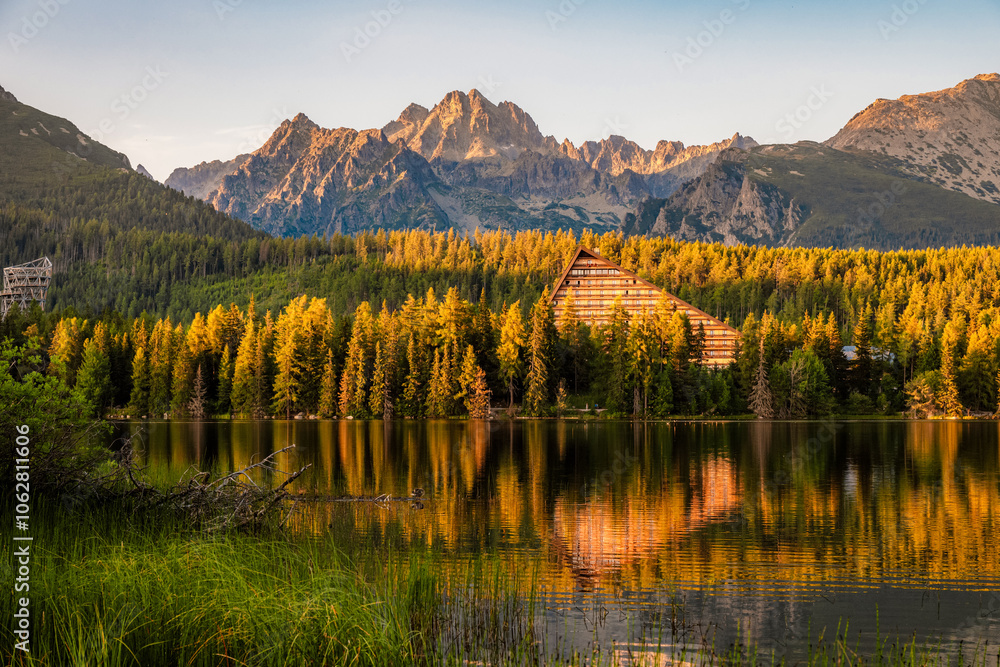 Fototapeta premium Mountain lake Strbske pleso. Strbske lake with view of the High Tatras National Park, Slovakia