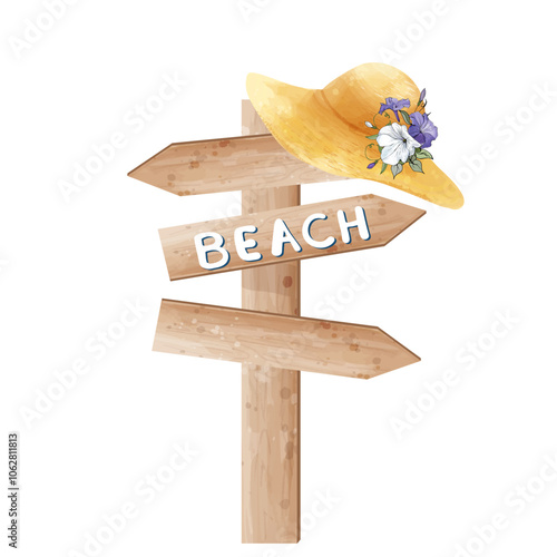 Beach composition with wooden signpost  with straw hat