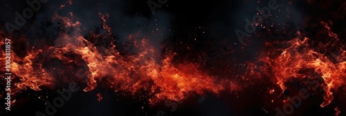 Fire with particles on black background, red fire, fire in the night, Fire flames on black background 