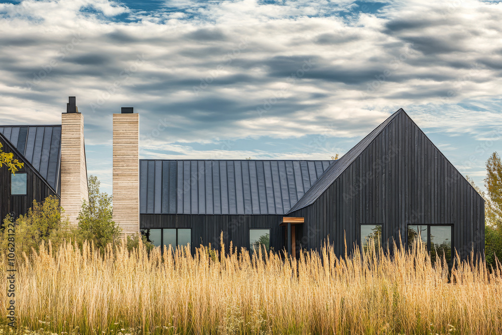 Obraz premium Modern house nestled among tall grasses under a cloudy sky in a serene natural setting