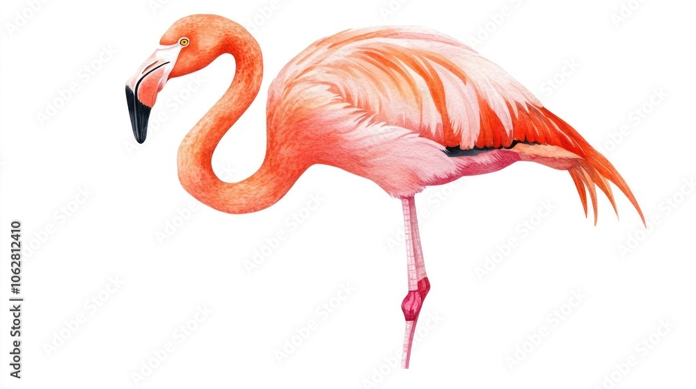Obraz premium A pink flamingo with long, elegant legs and a curved neck stands on one leg, isolated on a white background.