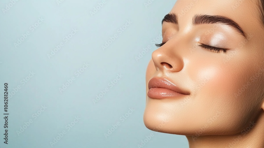 A serene close-up of a woman with glowing skin, eyes closed, exuding tranquility against a soft blue background. A serene close-up of a woman with glowing skin, eyes closed, exuding tranquility against a soft blue background.