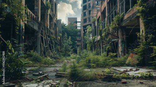 Desolate urban landscape with crumbling buildings and overgrown vegetation