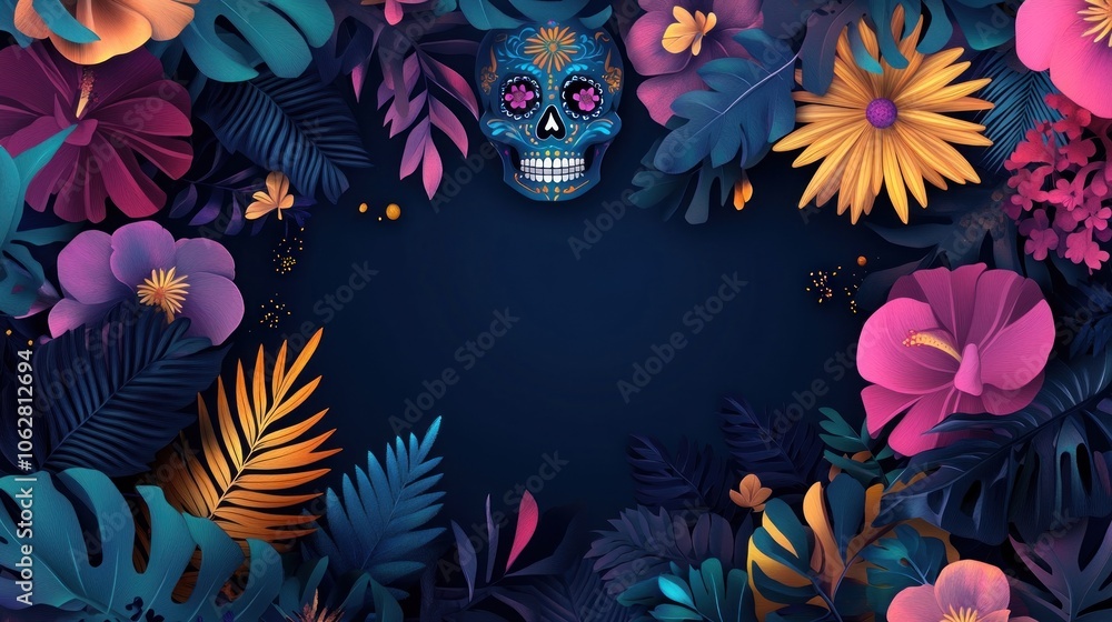 A colorful sugar skull surrounded by tropical leaves and flowers on a dark background. A colorful sugar skull surrounded by tropical leaves and flowers on a dark background.
