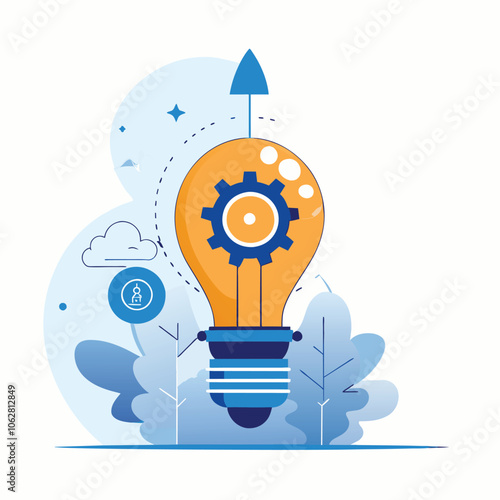 Innovative Idea Taking Off Light Bulb with Gear and Upward Arrow Symbolizing Progress