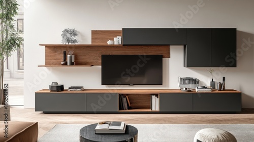 Modern minimalist living room interior with a TV unit and a wooden shelf.