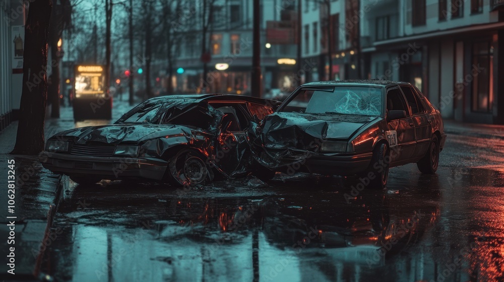 Obraz premium Two wrecked cars sit on a rain-slicked city street, surrounded by blurred neon lights.