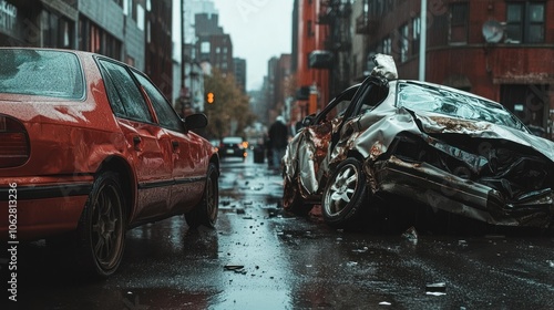 Two wrecked cars sit on a rain-slicked city street, surrounded by blurred neon lights.