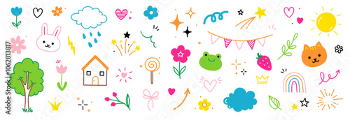 Cute kid icon element line flower, cloud, heart background. Hand drawn doodle cute cartoon scribble sticker element set. Flower, heart, cloud children elements background. Vector illustration