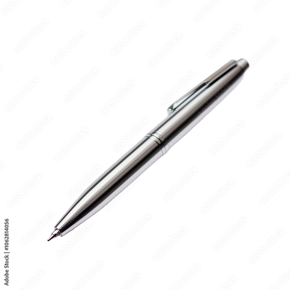 A sleek silver pen on a white isolate background, perfect for office and writing needs. transparent background A sleek silver pen on a white isolate background, perfect for office and writing needs. transparent background
