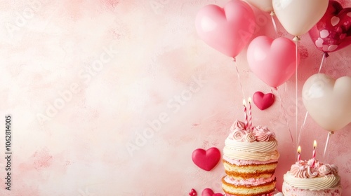 Two pink cakes with candles and heart shaped balloons on a pink background. photo