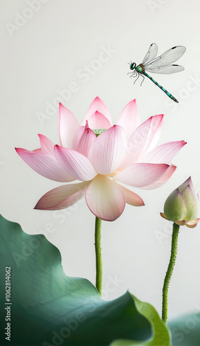 Minimalist floral photography of a lotus and dragonfly photo