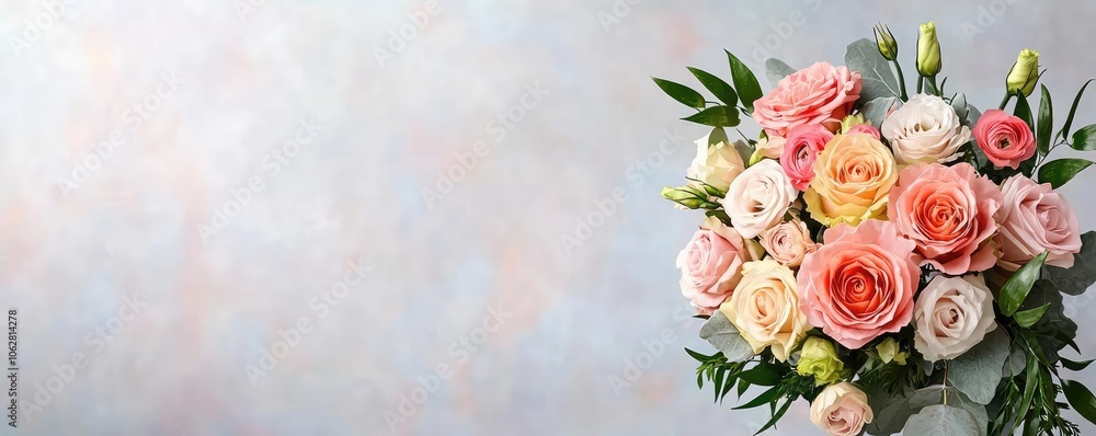 Obraz premium Beautiful bouquet of pastel roses with greenery, artistic background