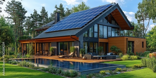 New suburban house with a photovoltaic system on the roof. Modern eco friendly passive house with landscaped yard. Solar panels on the roof, alternative electricity. photo