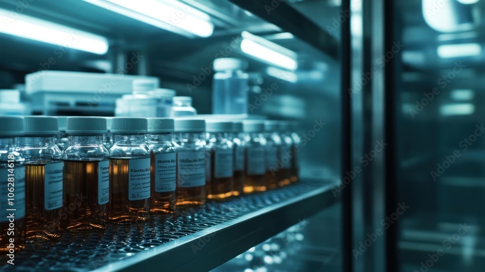 Rows of glass bottles containing a brown liquid are stored on shelves in a laboratory refrigerator. Rows of glass bottles containing a brown liquid are stored on shelves in a laboratory refrigerator.