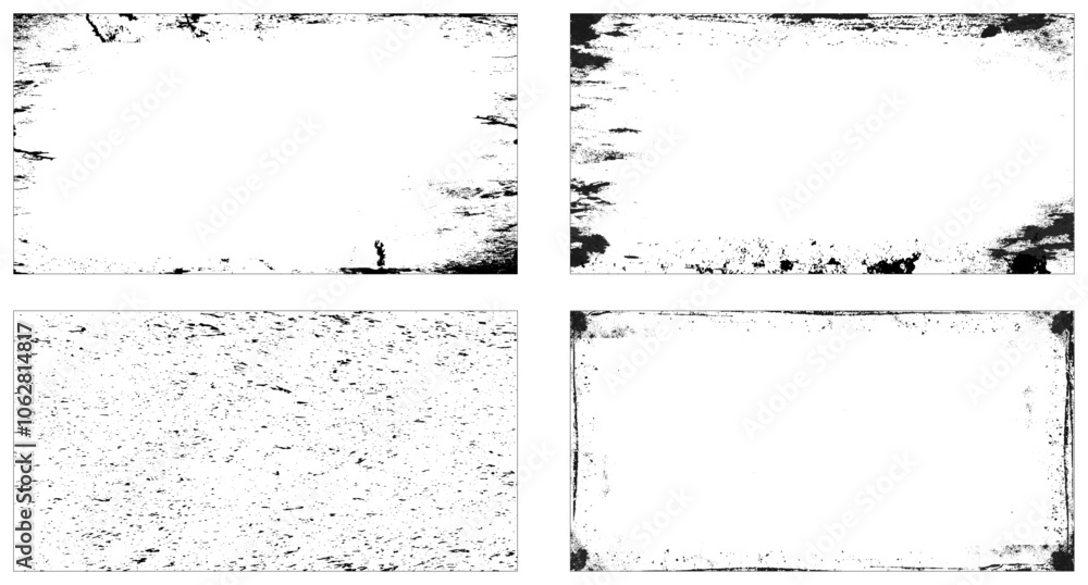 Grunge overlay textures with dust grain isolated on white background. Set of vector paint brush stroke, ink splash and grungy decoration elements Grunge overlay textures with dust grain isolated on white background. Set of vector paint brush stroke, ink splash and grungy decoration elements