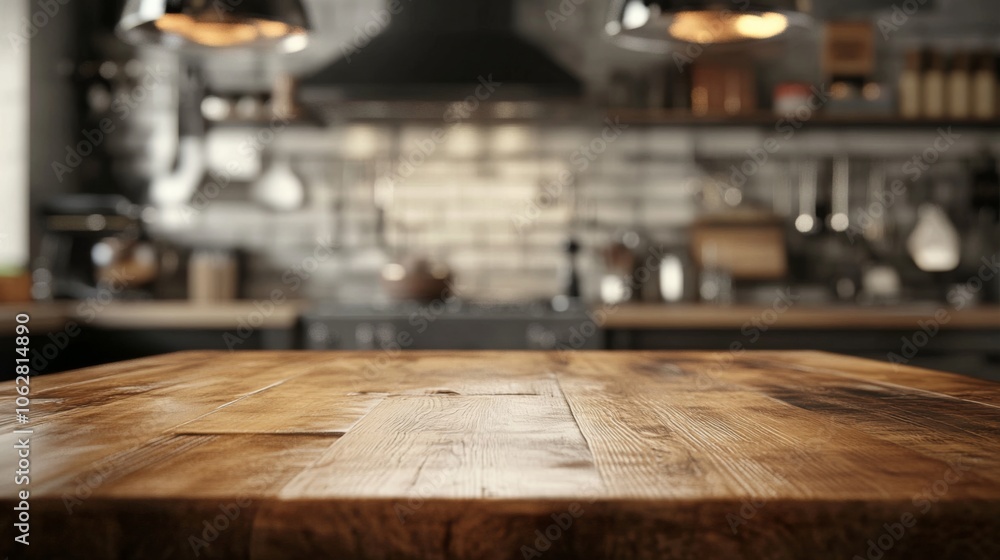 An empty wooden tabletop creates a serene focal point. An empty wooden tabletop creates a serene focal point.