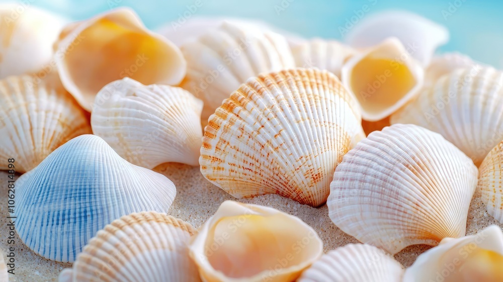 Collection of beautiful seashells on sandy beach, vibrant ocean backdrop. Collection of beautiful seashells on sandy beach, vibrant ocean backdrop.