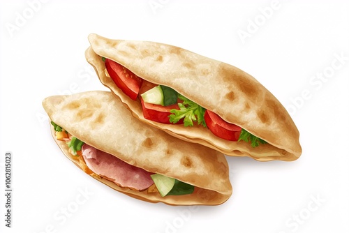 Isolated illustration of pita bread filled with vegetables and meats, ideal for culinary graphics. photo