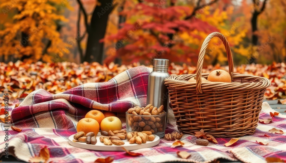 Basket with fruit on the background of autumn leaves Basket with fruit on the background of autumn leaves