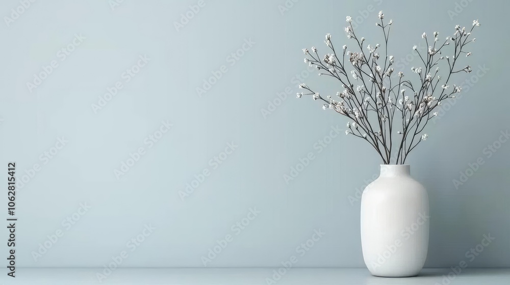 Minimalist vase with branches against a soft blue wall. Minimalist vase with branches against a soft blue wall.