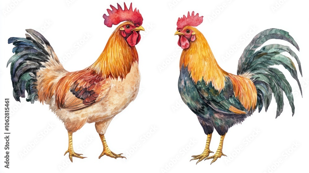 Fototapeta premium Watercolor illustration of two roosters facing each other, isolated on white background.