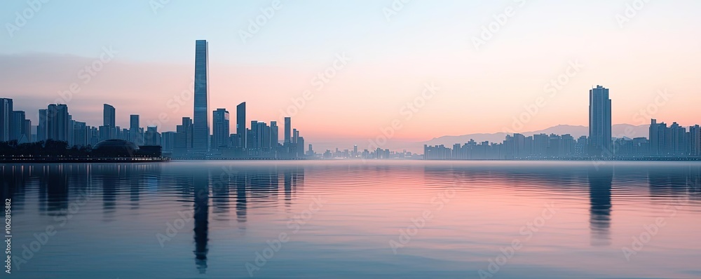Naklejka premium City skyline reflecting on water during sunrise with soft pastel colors.
