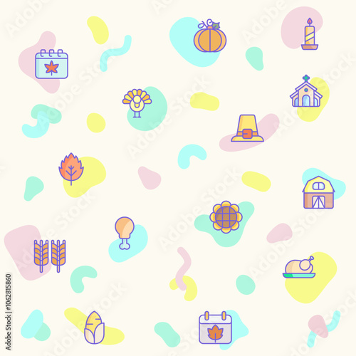 Vector illustration of a cute Thanksgiving. Collection of autumn, food, drink, celebration, Pilgrims, decorations, farming, gifts, nature, produce and other elements. Isolated on beige.