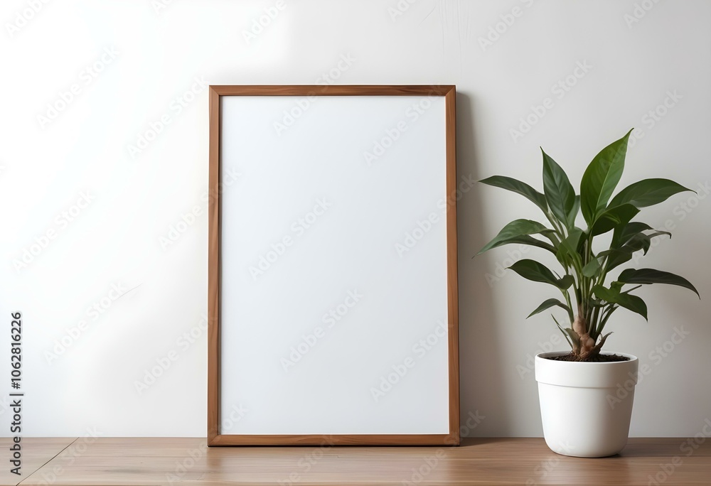 A wooden frame with a blank white canvas, placed on a wooden surface next to a potted plant A wooden frame with a blank white canvas, placed on a wooden surface next to a potted plant