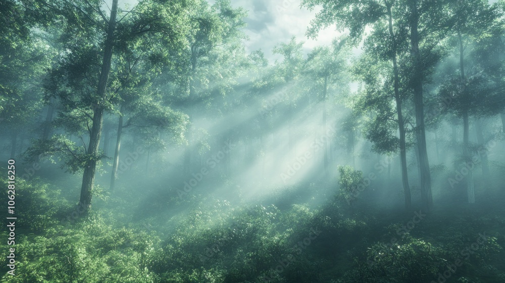 Sunbeams illuminating a misty green forest Sunbeams illuminating a misty green forest