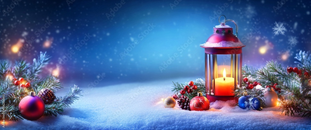 A festive Christmas lantern brightens a snowy table. A festive Christmas lantern brightens a snowy table.