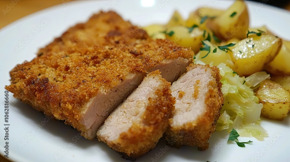 Pork cutlet coated with breadcrumbs with potatoes and cabbage . 