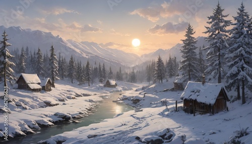 Digital Winter Landscape Illustration – Serene Snowy Scene with Frosty Trees and Peaceful Atmosphere