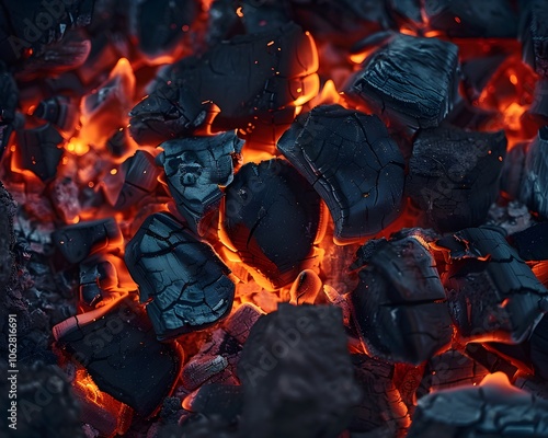 Close-up of glowing charcoal embers, showcasing heat and texture.