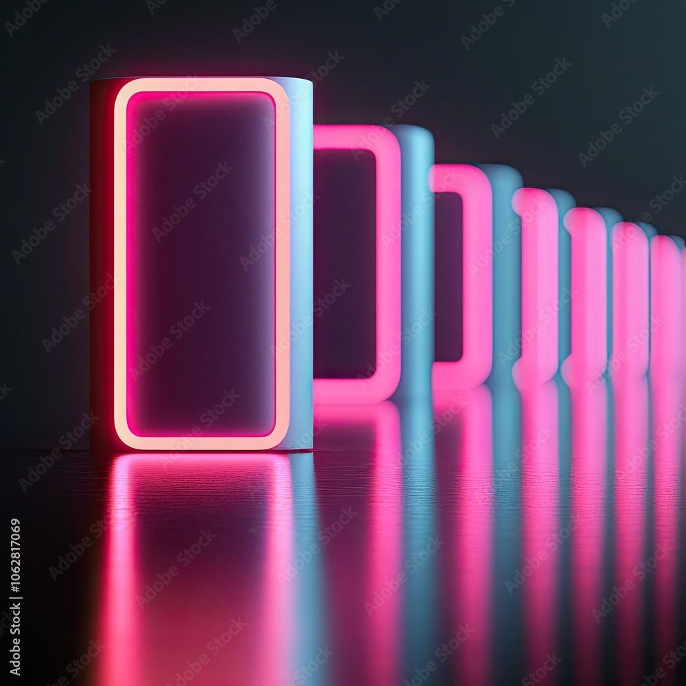 Fototapeta premium A series of glowing rectangular shapes lined up, showcasing vibrant pink and blue neon lighting against a dark background.