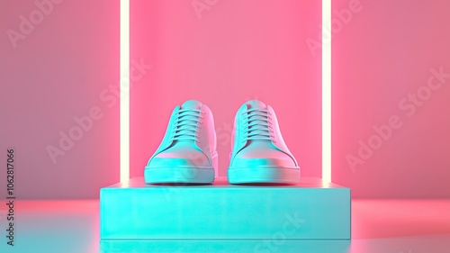 A pair of stylish white sneakers is showcased against a vibrant backdrop of pink and blue neon lights.