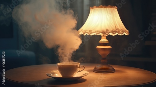 Vintage lamp with a lampshade and a cup on a table in clouds of steam. Generated by artificial intelligence.  photo