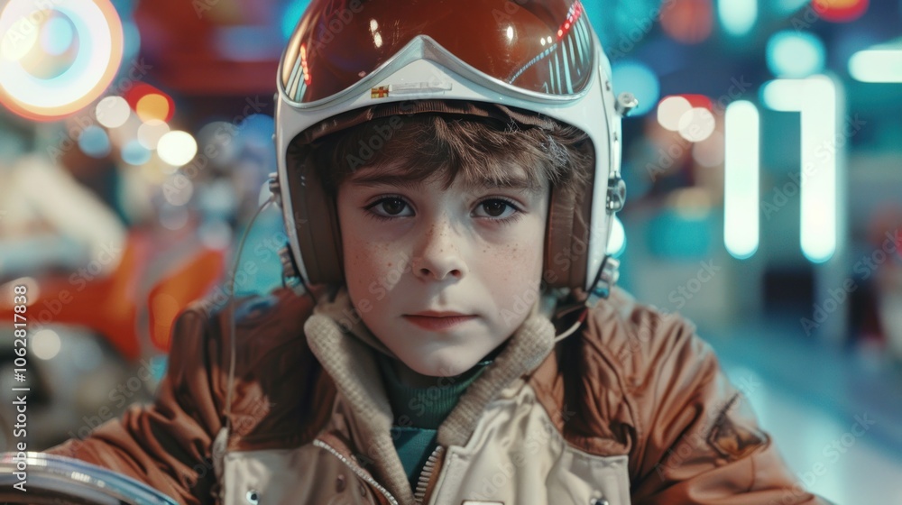 A boy in a helmet and pilot's suit plays on a rocket rider ride. A boy in a helmet and pilot's suit plays on a rocket rider ride.