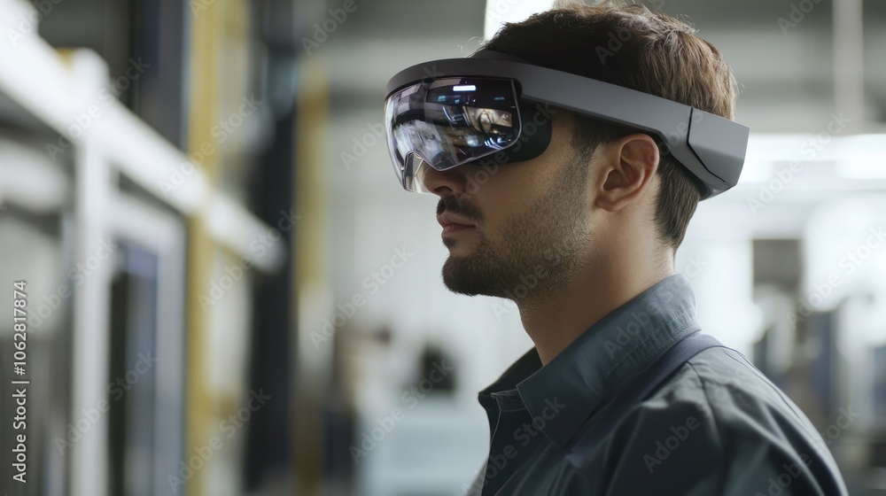 A man wearing a VR headset in a factory setting, looking at something in the virtual world. A man wearing a VR headset in a factory setting, looking at something in the virtual world.