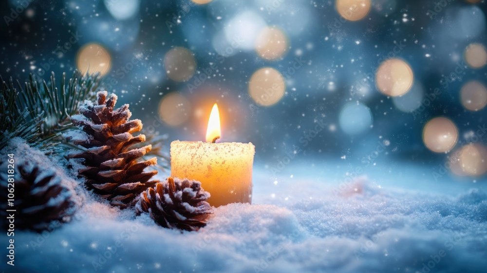 A lit candle sits in the snow with pine cones and branches, with a bokeh background of falling snow and lights. A lit candle sits in the snow with pine cones and branches, with a bokeh background of falling snow and lights.