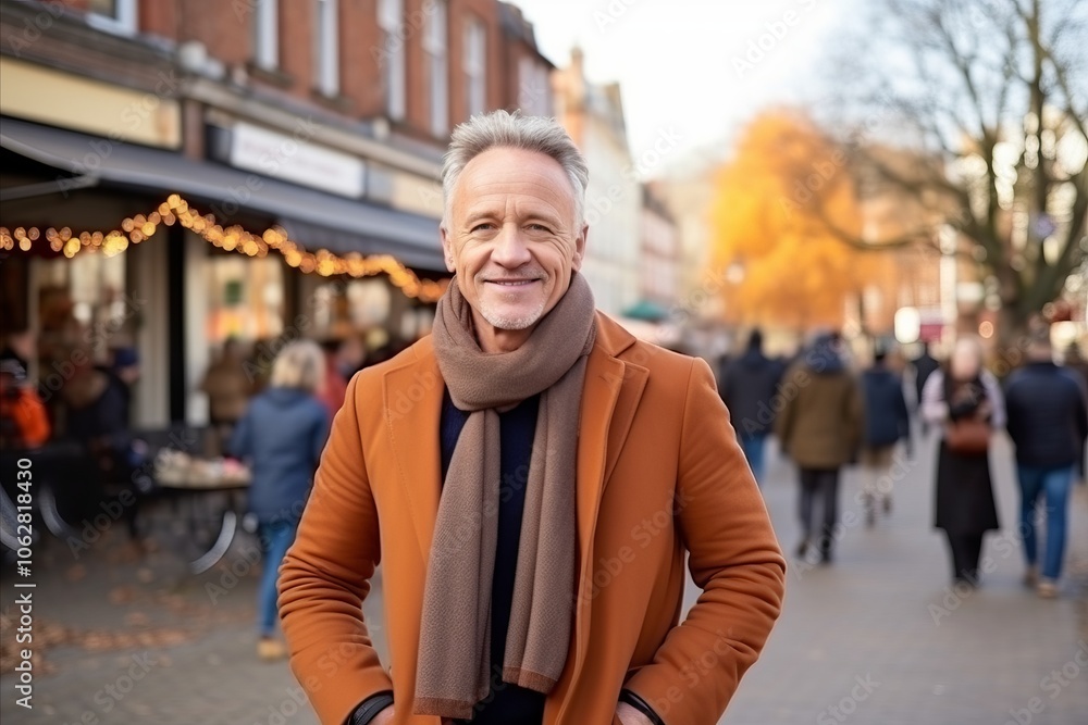 Portrait of a happy senior man walking on a street in autumn Portrait of a happy senior man walking on a street in autumn