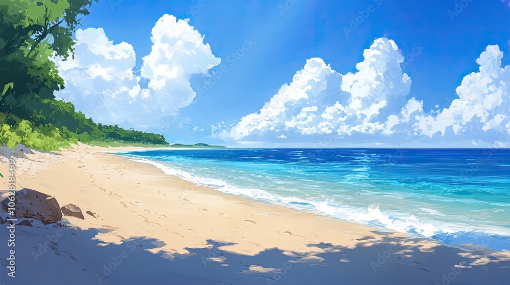 Sunny beach scene with clear blue ocean and sky, beach, sea, ocean, sand, shore, waves, sunny, sunlight, blue sky. -