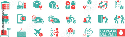 The cargo and delivery icon set is in solid style. It contains a warehouse, container, courier, delivery, tracking, truck, package