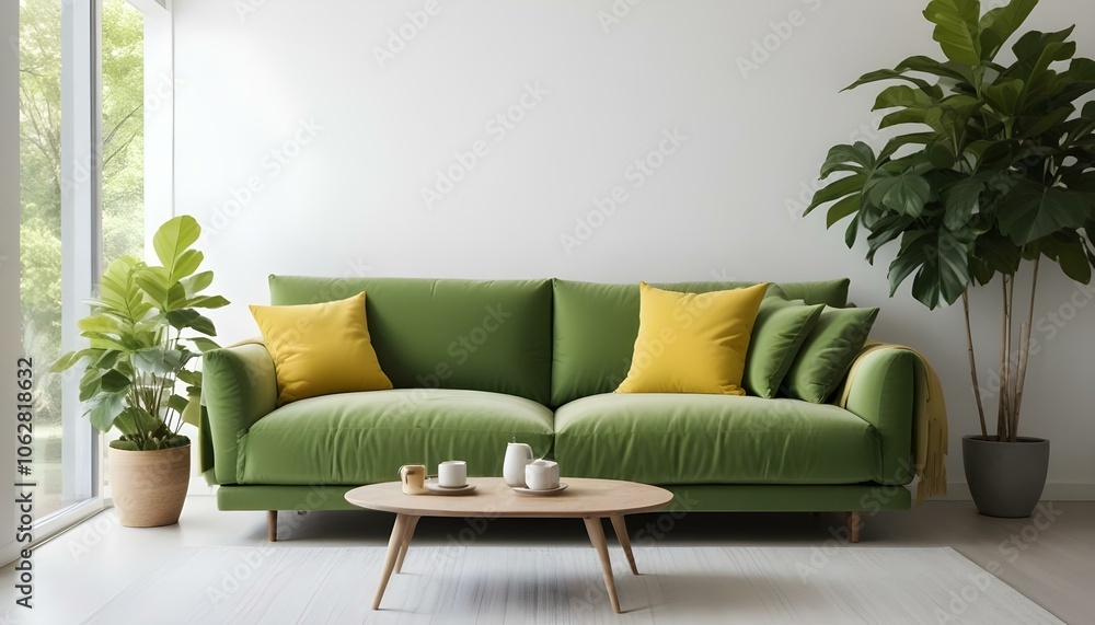 A modern green sofa with yellow throw pillows in a minimalist living room with white walls and a wooden coffee table. A modern green sofa with yellow throw pillows in a minimalist living room with white walls and a wooden coffee table.