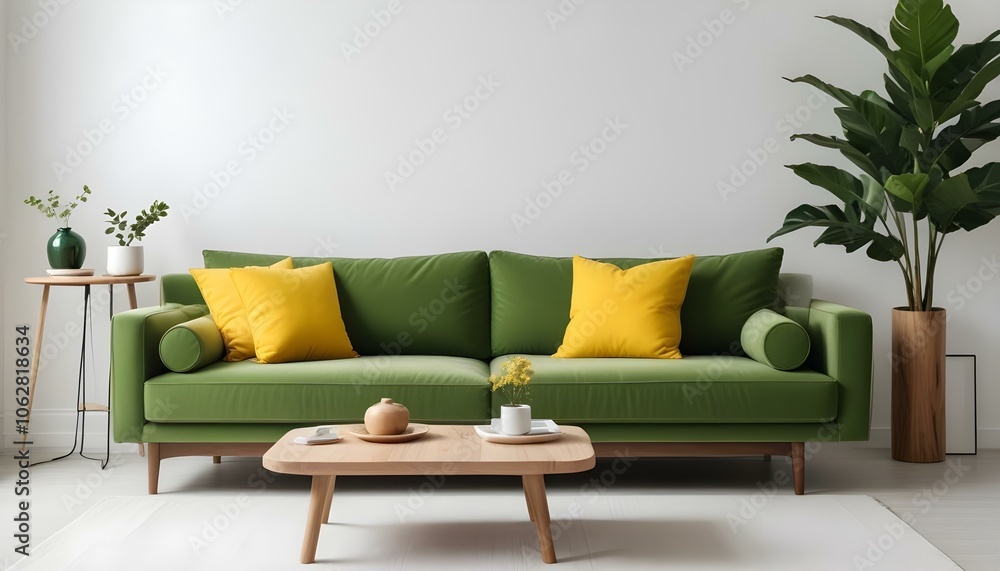 A modern green sofa with yellow throw pillows in a minimalist living room with white walls and a wooden coffee table. A modern green sofa with yellow throw pillows in a minimalist living room with white walls and a wooden coffee table.