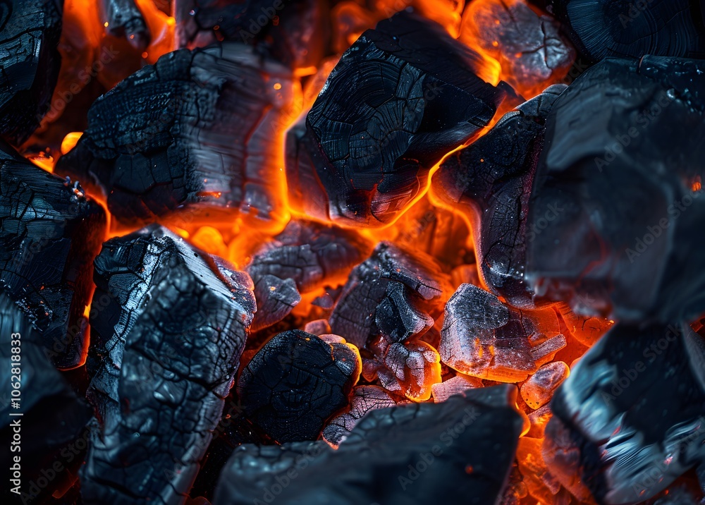 Close-up of glowing charcoal embers, showcasing heat and texture. Close-up of glowing charcoal embers, showcasing heat and texture.