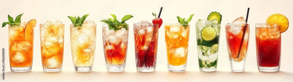 Refreshing summer beverages, diverse cocktails with colorful fruits and herbs, ice-cold glasses lined up, showcasing a variety of flavors and vibrant presentations. Refreshing summer beverages, diverse cocktails with colorful fruits and herbs, ice-cold glasses lined up, showcasing a variety of flavors and vibrant presentations.
