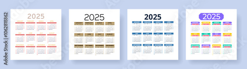 Calendar 2025 year. Square vector calender design template. English set. Week starts on Sunday. January, February, March, April, May, June, July, August, September, October, November, December