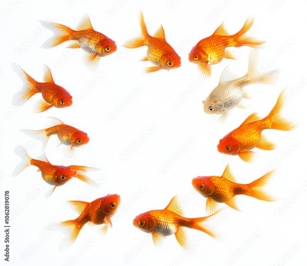 A serene scene featuring goldfish swimming in a circular pattern. A serene scene featuring goldfish swimming in a circular pattern.