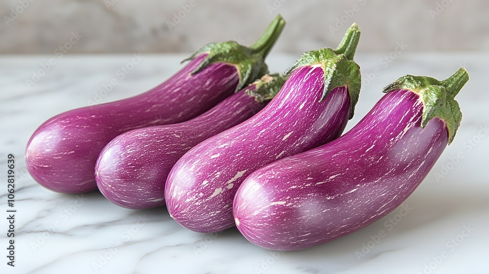 Vibrant purple eggplants arranged in a still life composition on a marble surface. This image showcases the natural beauty and texture of fresh,organic produce,perfect for recipes,meal planning. Vibrant purple eggplants arranged in a still life composition on a marble surface. This image showcases the natural beauty and texture of fresh,organic produce,perfect for recipes,meal planning.